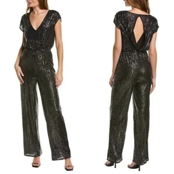 BCBGMAXAZRIA SEQUIN WIDE-LEG JUMPSUIT GUNMETAL Size L. - Picture 1 of 6